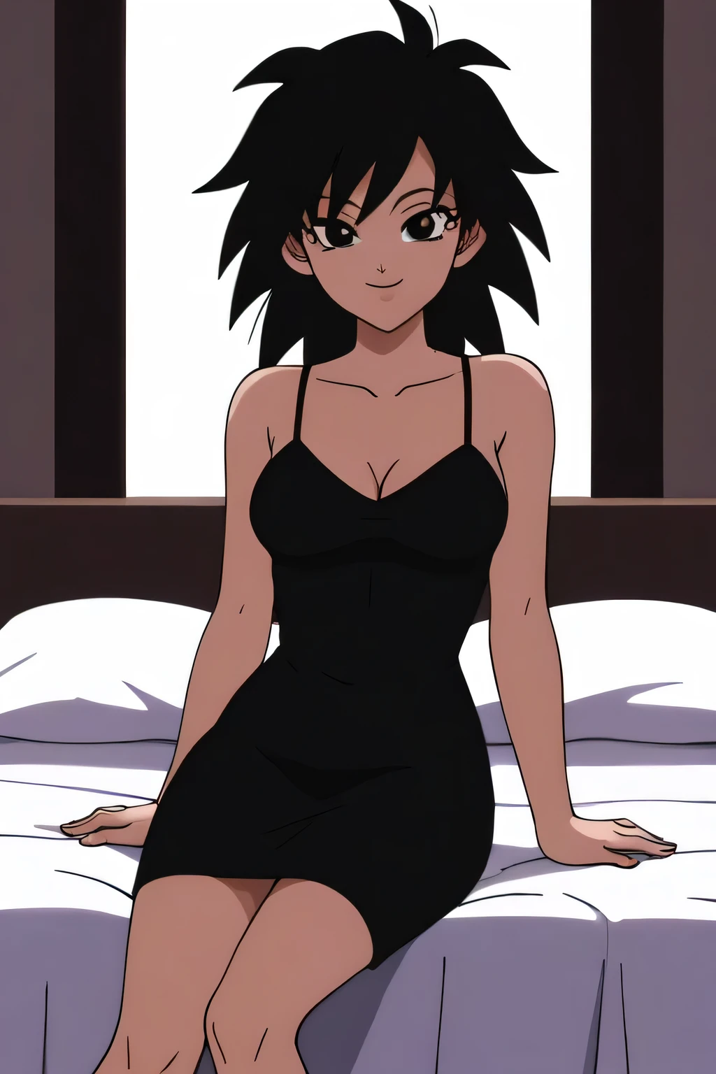 source_anime, score_9,score_8_up, score_7_up, ginedb, anime screencap, 1girl, solo, looking at viewer, smile, medium breasts, black hair, bare shoulders, medium breasts, smile, standing, cowboy shot, medium hair, black eyes, spiked hair, eyelashes, masterpiece, best quality, very aesthetic, absurdres, taut dress, spaghetti strap, black dress, sleeveless, sitting on her bed, cowboy shot, legs crossed, indoor, bedroom, sexy pose, pinup
