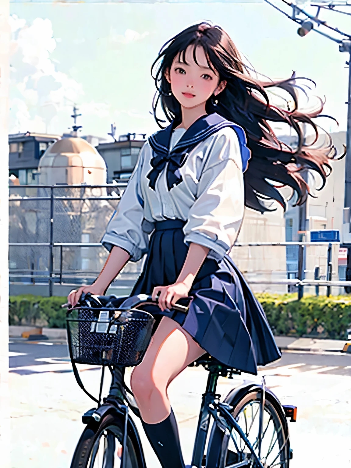 (masterpiece, highest quality:1.2), Reality、One girl riding a bicycle, alone、high school girl、uniform、(from the front)、Blank background、White background、