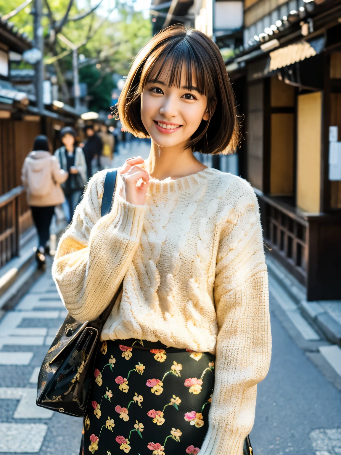 masutepiece, Best Quality, Illustration, Ultra-detailed, finely detail, hight resolution, 8K Wallpaper, Perfect dynamic composition, Beautiful detailed eyes, Medium Hair, Natural Color Lip, Random Poses, Smile, Kyoto Street Walk, 20 years girl, Beautiful Women, Japanese pattern sweater and Japanese pattern skirt, Slimed, A slender, Model body type,