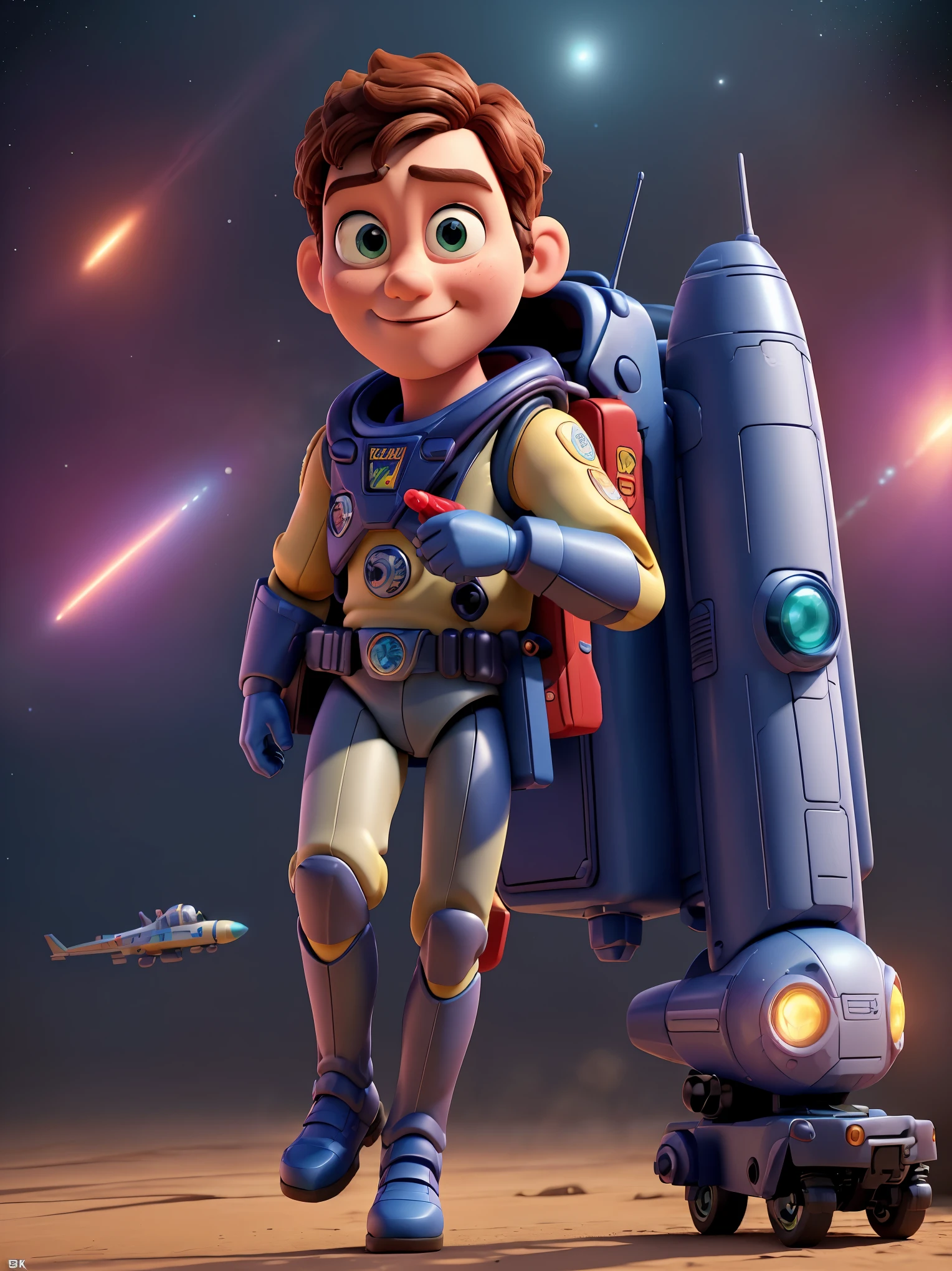 Buzz Lightyear action figure in space,brave,confident,laser gun,communicator,jet pack,toy train track,gliding,space background,sci-fi elements,rich in detail,(HDR,4k,8k,highres,masterpiece:1.2),ultra-detailed,(realistic,photorealistic,photo-realistic:1.37),vivid colors,studio lighting
