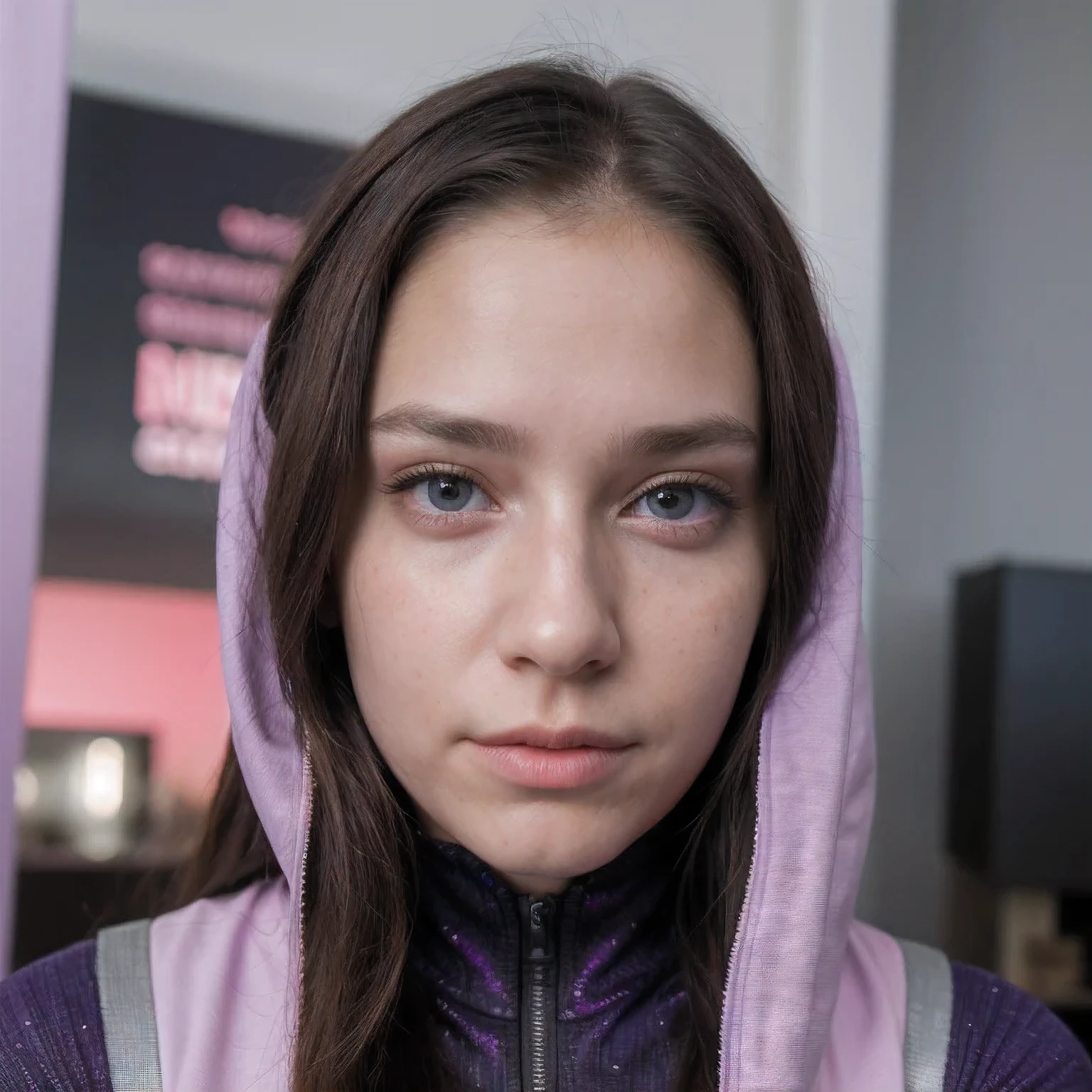 photo of a college student, in Purple Pink, futuristic space suit, (freckles:0.8) cute face, sci-fi, dystopian, detailed eyes, Heterochromia eyes（（watercolor））