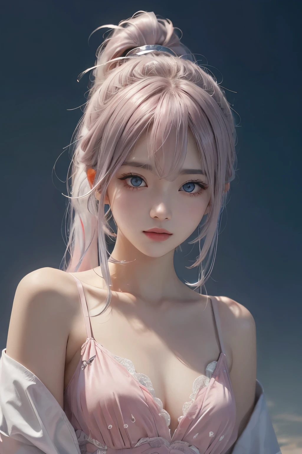 longeyelashes, Solid Circle Eyes,  Ponytail, pink Silver hair, gray colored contact lenses, surrealism, anaglyph, stereograms,  POV, Atmospheric perspective, 16K, Super Detail, ccurate, Best Quality,The shoulders have exposed skin,Very thin,Very small bust, brown eyes,pink hair,Nipples,,Korean Beautiful Girl,Famous singer,Nipples,