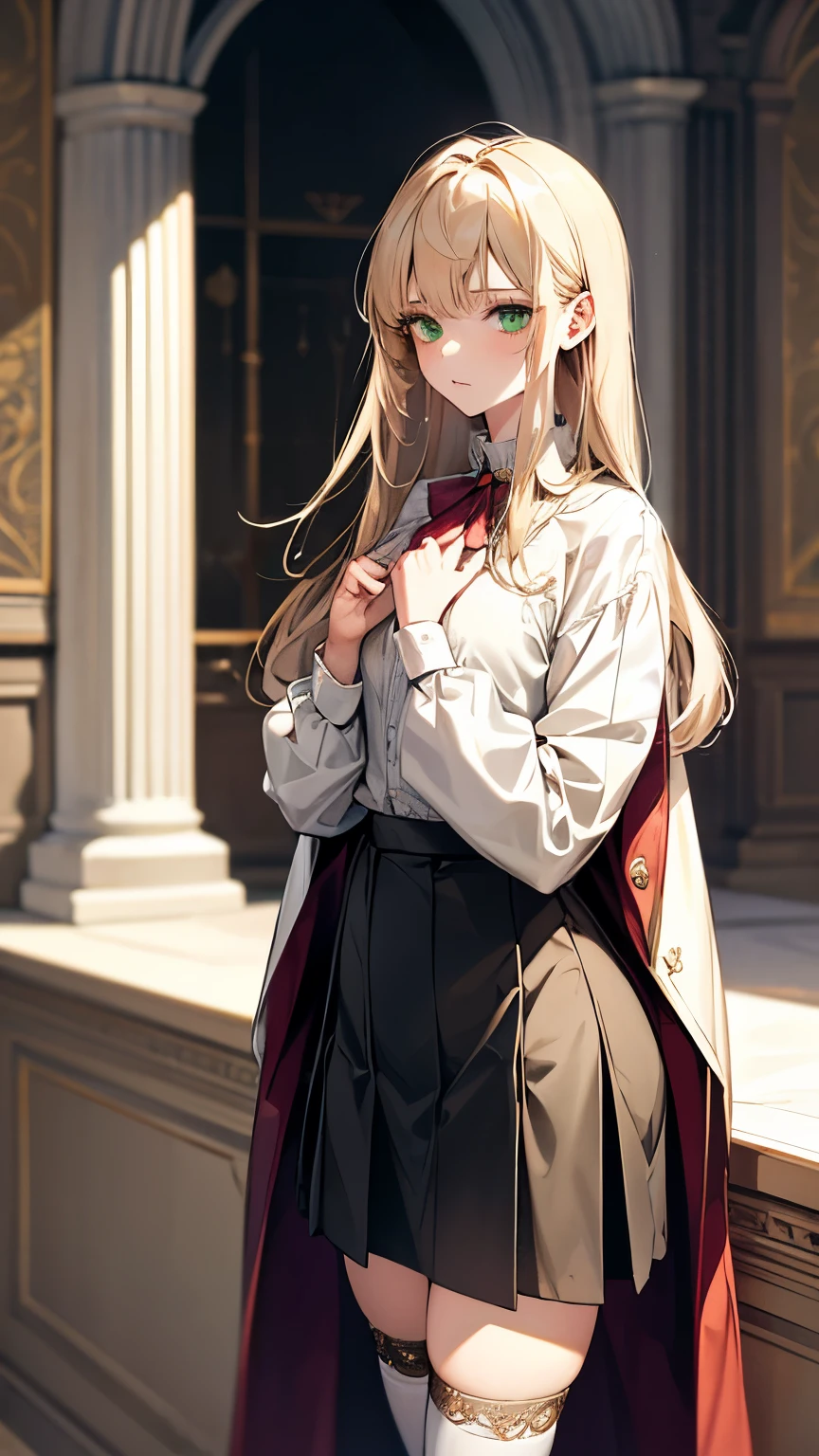best quality, super fine, 16k, incredibly absurdres, extremely detailed, delicate and dynamic, cute 20-year-old woman, cool expression, ivory straight hair, slender and perfect figure, jacket, shirt, skirt, knee-high socks, green eyes, natural pose, in front of a Northern Renaissance style Western-style building