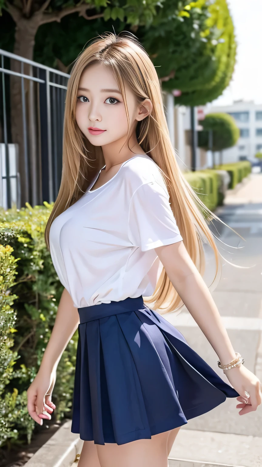 Sexy Gal 、Sexy cute looks and cute beautiful girl, beautiful and sexy face、A strong wind blows my hair in front of my face、With straight blonde hair、beautiful, Cute and sexy eyes hidden behind long bangini skirt、