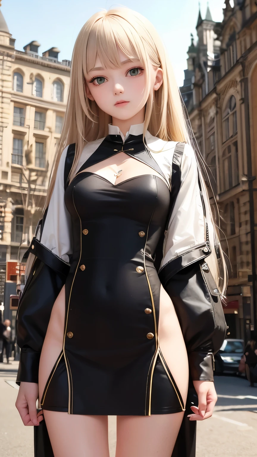best quality, super fine, 16k, incredibly absurdres, extremely detailed, delicate and dynamic, cute 20-year-old woman, cool expression, ivory straight hair, slender and perfect figure, jacket, shirt, skirt, knee-high socks, green eyes, natural pose, in front of a Northern Renaissance style Western-style building