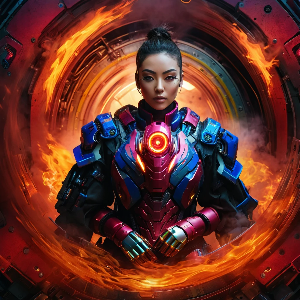 a close up of a robot in a building with a sunglasses on, cyberpunk flame suit, cyberpunk armor, cyberpunk suit, sci - fi suit, intricate cyberpunk armor, cybernetic fire armor, apex legends armor, cyber suit, cybernetic flame armor, clothed in sci-fi military armor, warrior in sci-fi armour, sci - fi armor