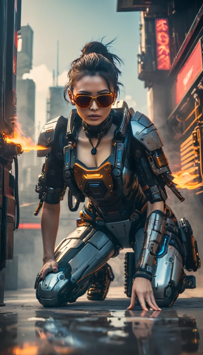 a close up of a robot in a building with a sunglasses on, cyberpunk flame suit, cyberpunk armor, cyberpunk suit, sci - fi suit, intricate cyberpunk armor, cybernetic fire armor, apex legends armor, cyber suit, cybernetic flame armor, clothed in sci-fi military armor, warrior in sci-fi armour, sci - fi armor