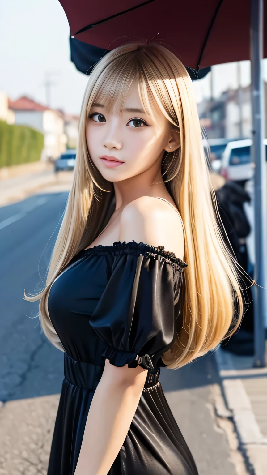 Sexy Big 、A cute -yeld giwith a sexy and cute look, beautiful and sexy face、A strong wind blows my hair in front of my face、With straight blonde hair、beautiful, Cute and sexy eyes hidden behind long bangs、Sexy gal outfit