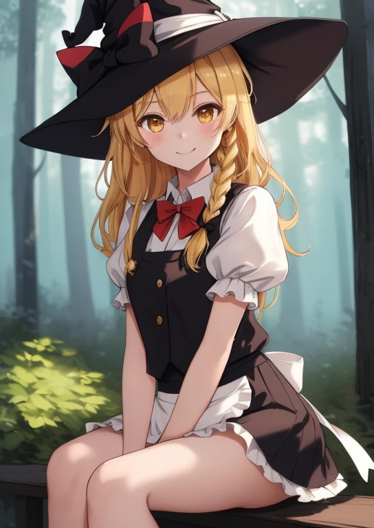 (masterpiece, best quality:1.2), extremely detailed, soft ambient lighting, sharp focus, 4K, BREAK kirisame marisa, 1girl, blonde hair, witch hat, yellow eyes, long hair, vest, apron, bow, short sleeves, hat bow, braid, puffy sleeves, skirt, BREAK outdoors, forest, nighttime, starred sky, looking at viewer, gentle smile, sitting