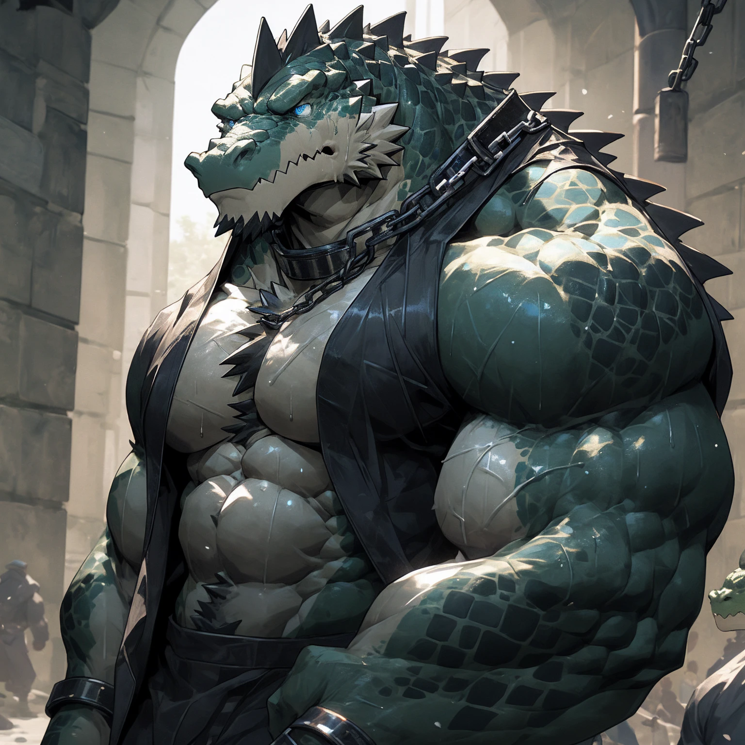 Sweaty, muscular, shirtless, dark castle, anthropomorphic chest hair, serious face（Scar on face） Mature （Blue eyes）Huge muscular body with ripped abs, wild body with nipple rings and collars, prisoner collars linked to chains, ambitious black crocodiles