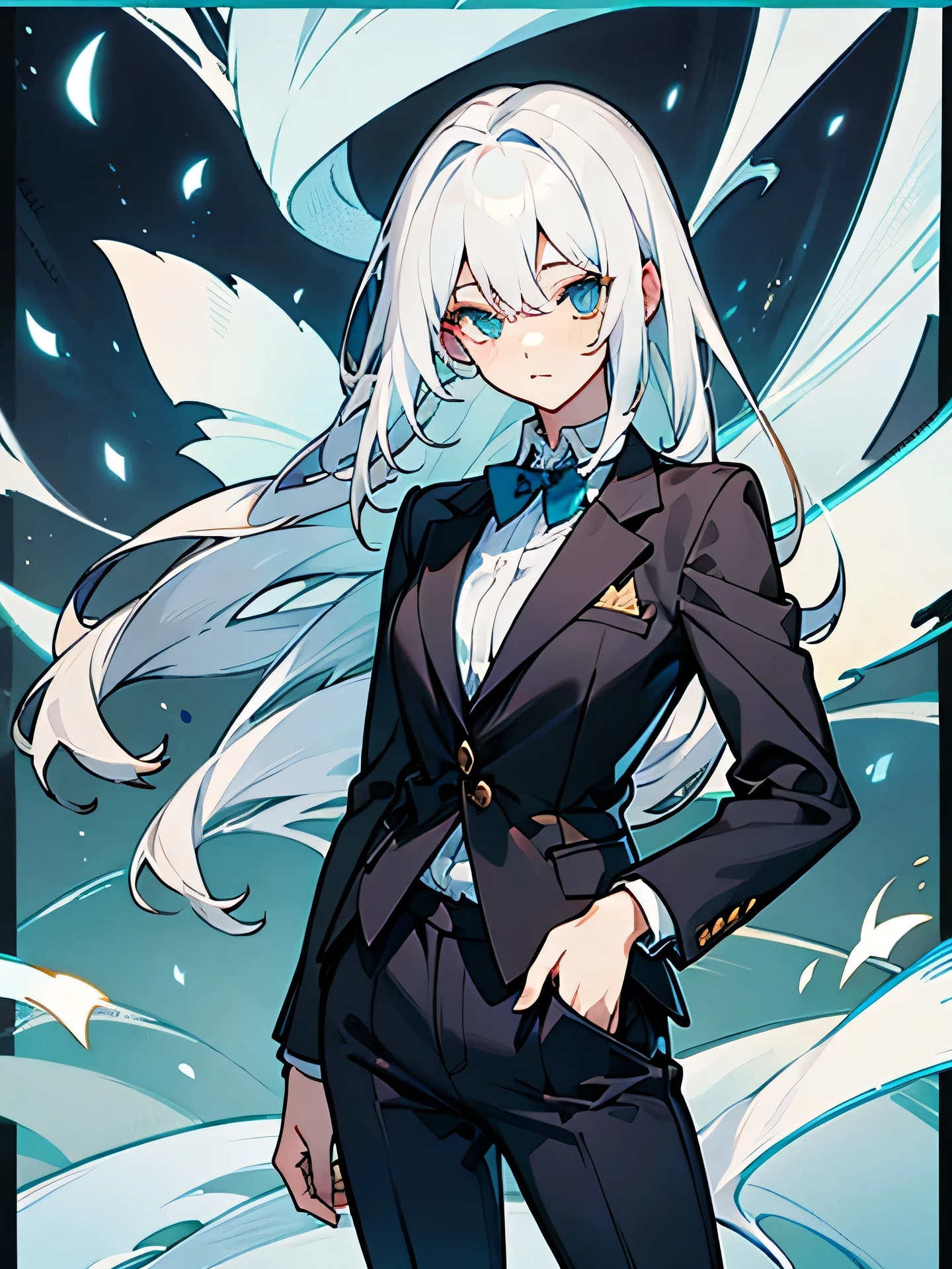 White hair,Beauty,High School Students,Handsome,High cold queen,whole body,detail,good body shape,beauty,Long fluttering hair,Waist-length hair,slim,Good shape,Girlish feeling,Suit and trousers set,HD