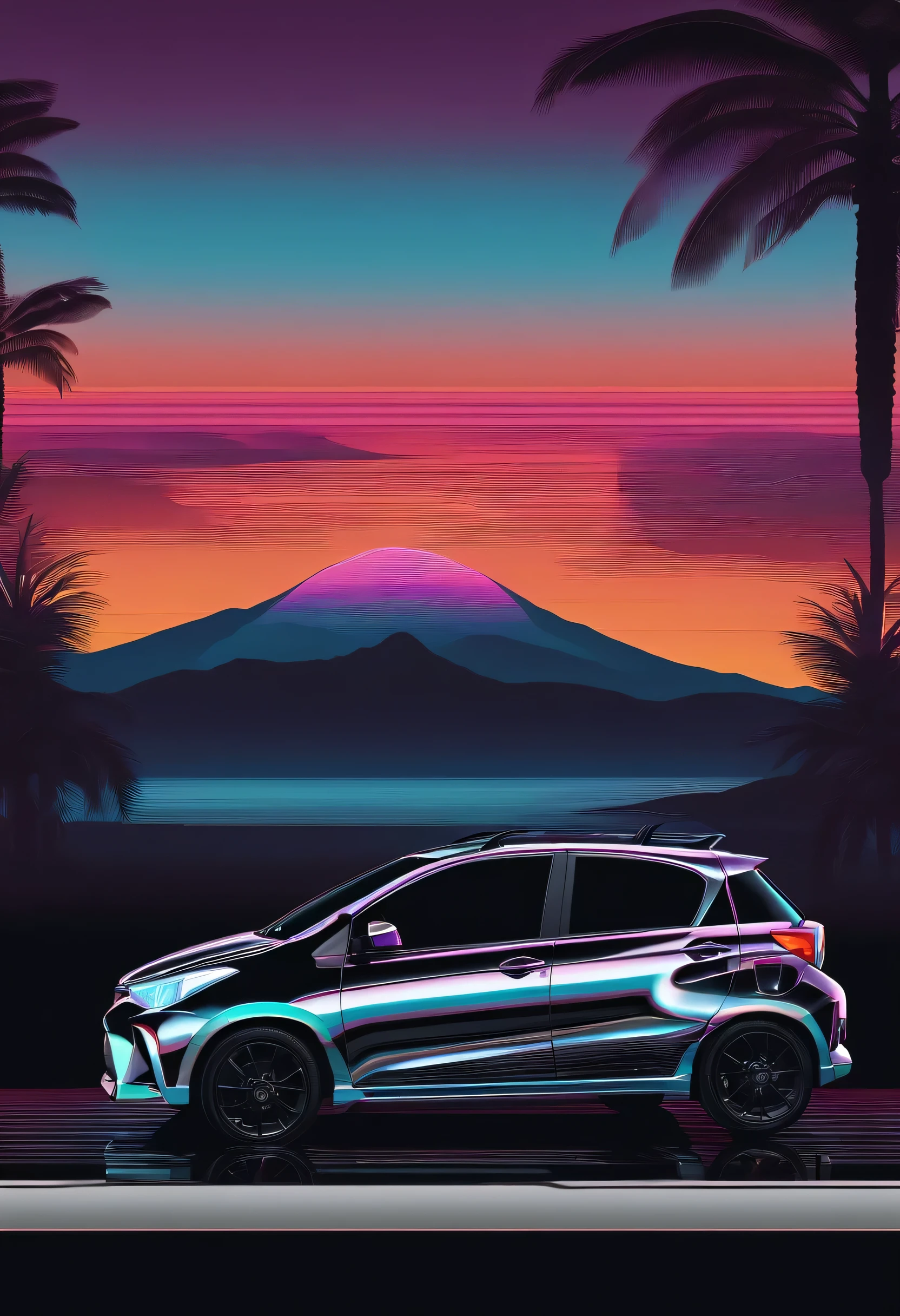 Toyota Yaris Cross, identical to the real thing before sunset, Vaporwave Style, Neon Style, Smooth lines, Vector gluing art, Vector Kernel, Intricate details, Black T-shirt Design, 8k