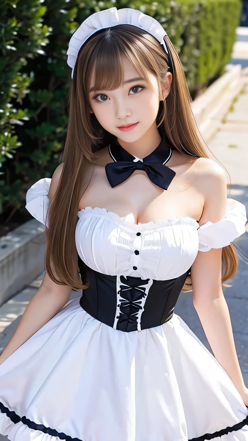 Sexy Big 、A cute -yeld giwith a sexy and cute look, beautiful and sexy face、A strong wind blows my hair in front of my face、With straight blonde hair、beautiful, Cute and sexy eyes hidden behind long bangs、Sexy maid outfit