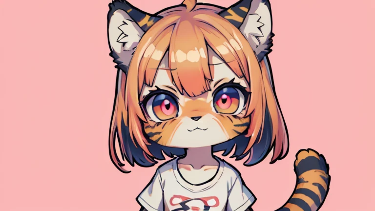 (obra maestra, Alta calidad, mejor calidad, 8K, high resolution), ((estilo chibii, Chibi lindo)), (solo, 1 girl), {Tiger Girl, cara de tigre, 2 colmillos, long eyelashes, delineador de ojos} {bigotes de tigre}, (((Piel de tigre por todo el cuerpo., Rayas de tigre en el cuerpo.))), (pelo naranja), cabello corto, Pinza para el cabello, [[Pinza para el cabello white flower on hair]], ((Muy feliz)), ((boca abierta)), ojos naranjas, [pupilas negras], ((buscando)), (very small breasts), brazos delgados, (un brazo arriba, un brazo hacia abajo), axilas, ((mini camiseta rosa, camiseta rosa completa)), {shorts blancos}, {{{mini cola de tigre, Cola en la espalda}}}, (cuerpo completo), (((de pie, jump angle))), dynamic pose, Fondo blanco, fondo sencillo, ((((Estilo Tora-chan no Hanayome)))), (old anime style 40s), estilo animado, anime color.