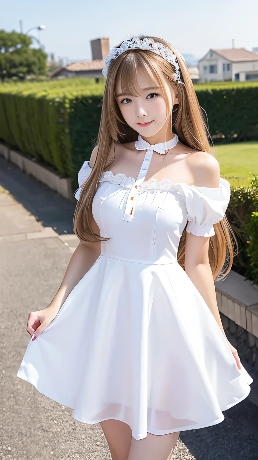 Sexy Big 、A cute -yeld giwith a sexy and cute look, beautiful and sexy face、A strong wind blows my hair in front of my face、With straight blonde hair、beautiful, Cute and sexy eyes hidden behind long bangs、Sexy maid outfit