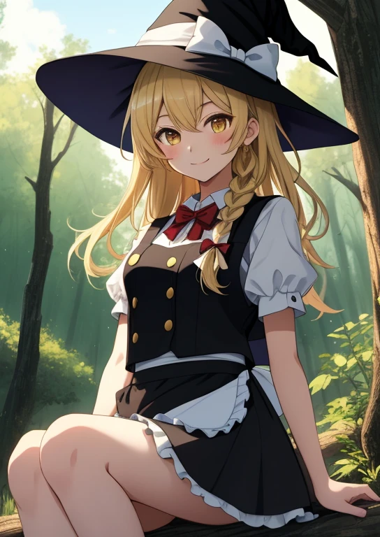 (masterpiece, best quality:1.2), extremely detailed, soft ambient lighting, sharp focus, 4K, BREAK kirisame marisa, 1girl, blonde hair, witch hat, yellow eyes, long hair, vest, apron, bow, short sleeves, hat bow, braid, puffy sleeves, skirt, BREAK outdoors, forest, nighttime, starred sky, looking at viewer, gentle smile, sitting