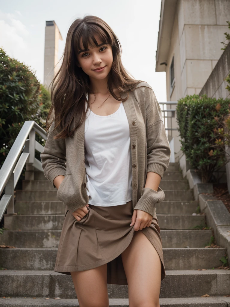 A high resolution, photorealistic, 4k image of a girl in a city, standing on stairs and looking up, with a strange panicked smile on her face, her skirt being lifted by the wind to reveal her panties. She has medium wave brown hair with bangs, beautiful brown eyes with realistic eyelashes, a detailed face with a hint of blush, and a smooth, realistic texture. The girl is wearing a black jacket over a white shirt, a brown cardigan, and a black skirt. The whole body is visible, and the angle is dynamic, capturing the scene from the bottom of the stairs.