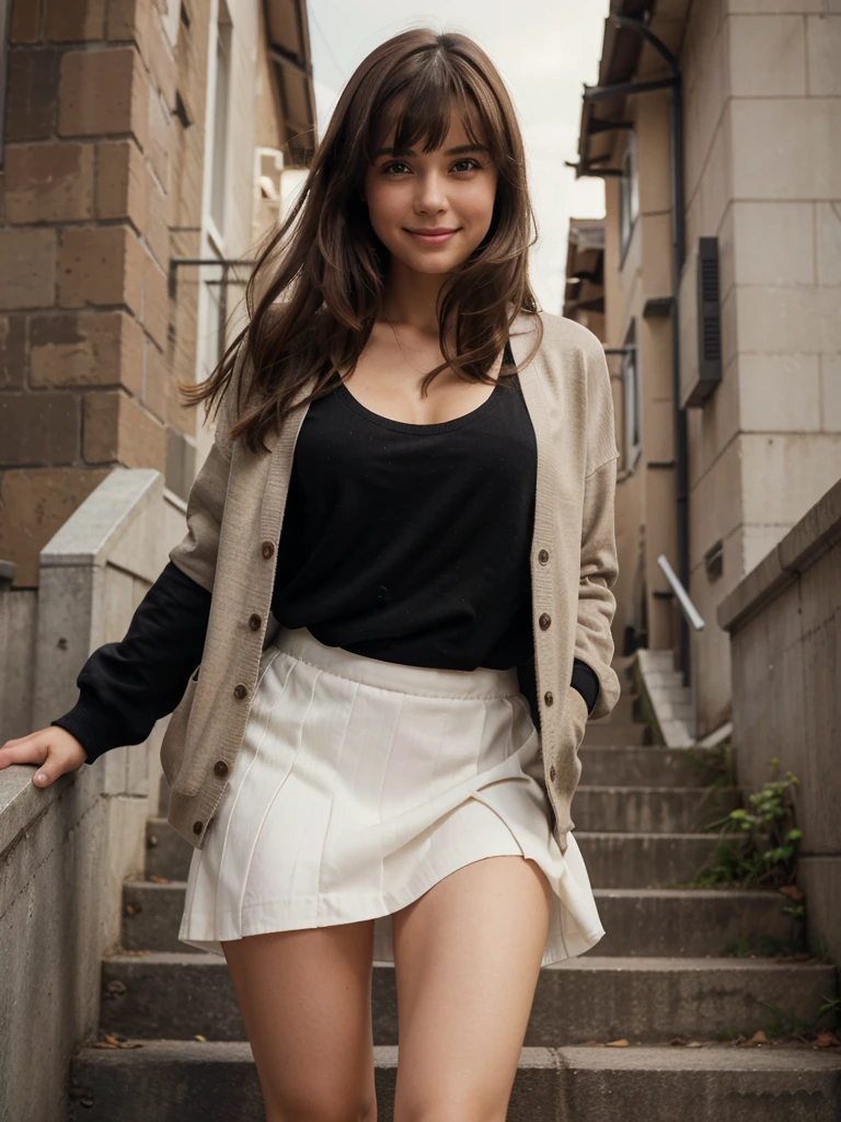 A high resolution, photorealistic, 4k image of a girl in a city, standing on stairs and looking up, with a strange panicked smile on her face, her skirt being lifted by the wind to reveal her panties. She has medium wave brown hair with bangs, beautiful brown eyes with realistic eyelashes, a detailed face with a hint of blush, and a smooth, realistic texture. The girl is wearing a black jacket over a white shirt, a brown cardigan, and a black skirt. The whole body is visible, and the angle is dynamic, capturing the scene from the bottom of the stairs.