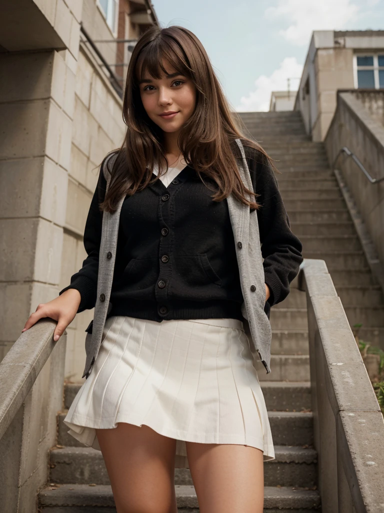 A high resolution, photorealistic, 4k image of a girl in a city, standing on stairs and looking up, with a strange panicked smile on her face, her skirt being lifted by the wind to reveal her panties. She has medium wave brown hair with bangs, beautiful brown eyes with realistic eyelashes, a detailed face with a hint of blush, and a smooth, realistic texture. The girl is wearing a black jacket over a white shirt, a brown cardigan, and a black skirt. The whole body is visible, and the angle is dynamic, capturing the scene from the bottom of the stairs.