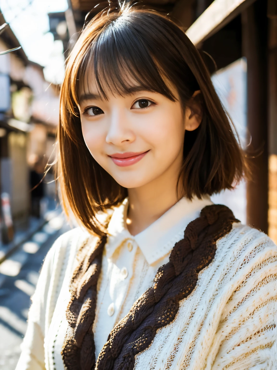 masutepiece, Best Quality, Illustration, Ultra-detailed, finely detail, hight resolution, 8K Wallpaper, Perfect dynamic composition, Beautiful detailed eyes, Medium Hair, Natural Color Lip, Random Poses, Smile, Kyoto Street Walk, 20 years girl, Beautiful Women, Japanese pattern sweater and Japanese pattern skirt, Slimed, A slender, Model body type,