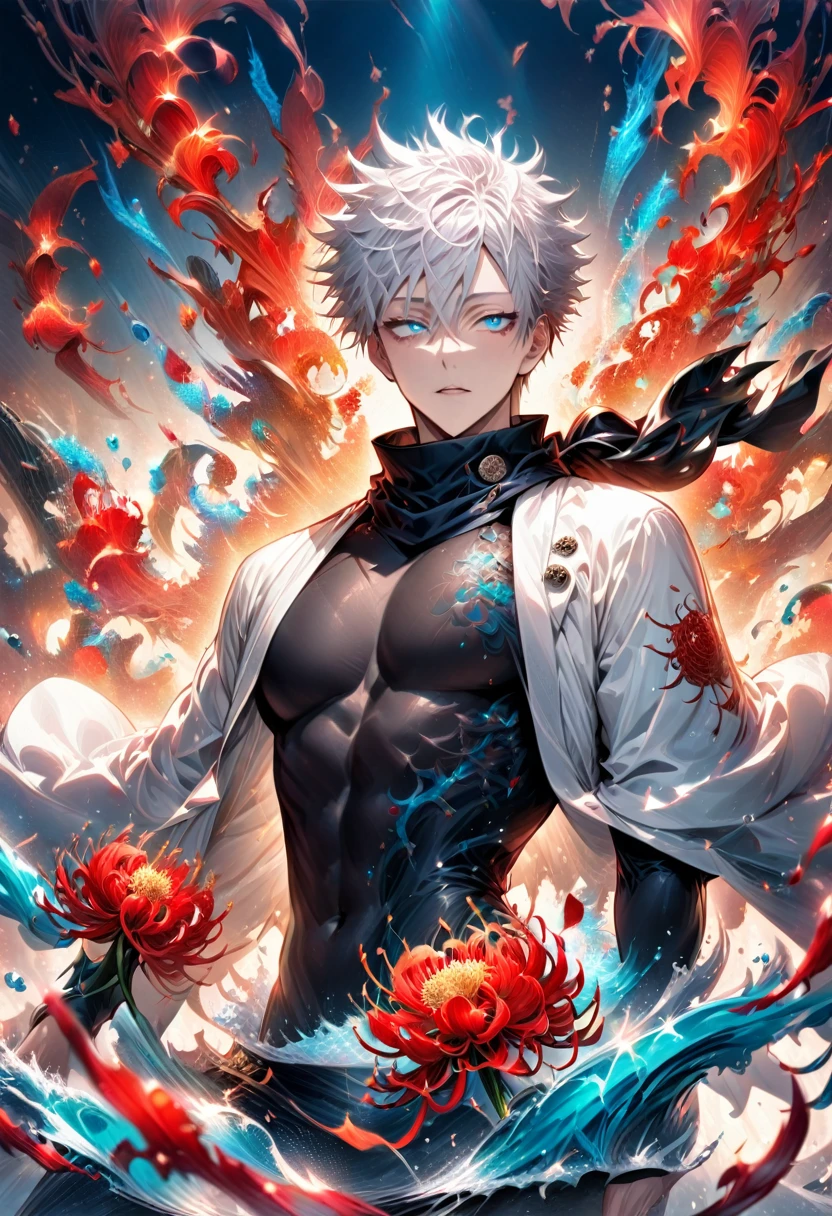 (absurdres, highres, ultra detailed, HDR) master piece, best quality, delicate features, Gojo Satoru, white hair, with bangs, hair between the eyes, expressive blue eyes, white eyelashes, Jujutsu Kaisen, solo, sexy man, handsome, toned chest, white haori, black tight shirt, black scarf, patterns, red spider lilies, red butterflies, magical fantasy, water, glittering, sparkling
