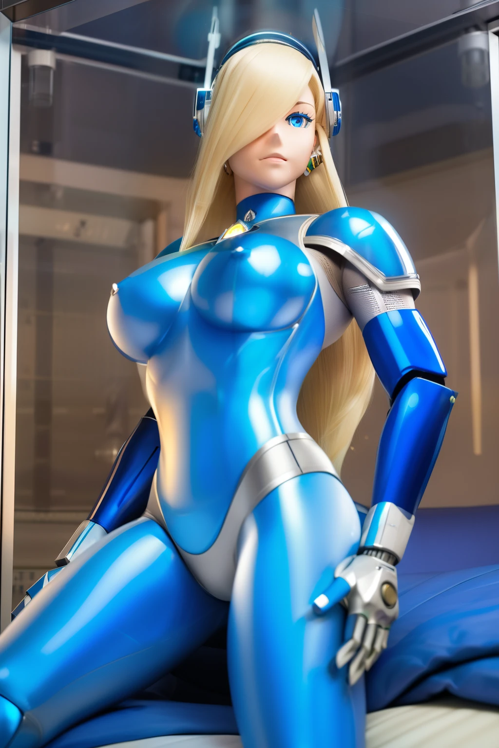 ultra detailed of a woman cyborg, 1girl, (natural skin texture, realistic eye details:1.2) rosalina, animatronic, alone, breasts, blue eyes, blonde hair, Android, long hair, robot ears, laid on bed, cameltoe, inside glass box, artwork, high quality, hypnotized, blank expression, nsfw