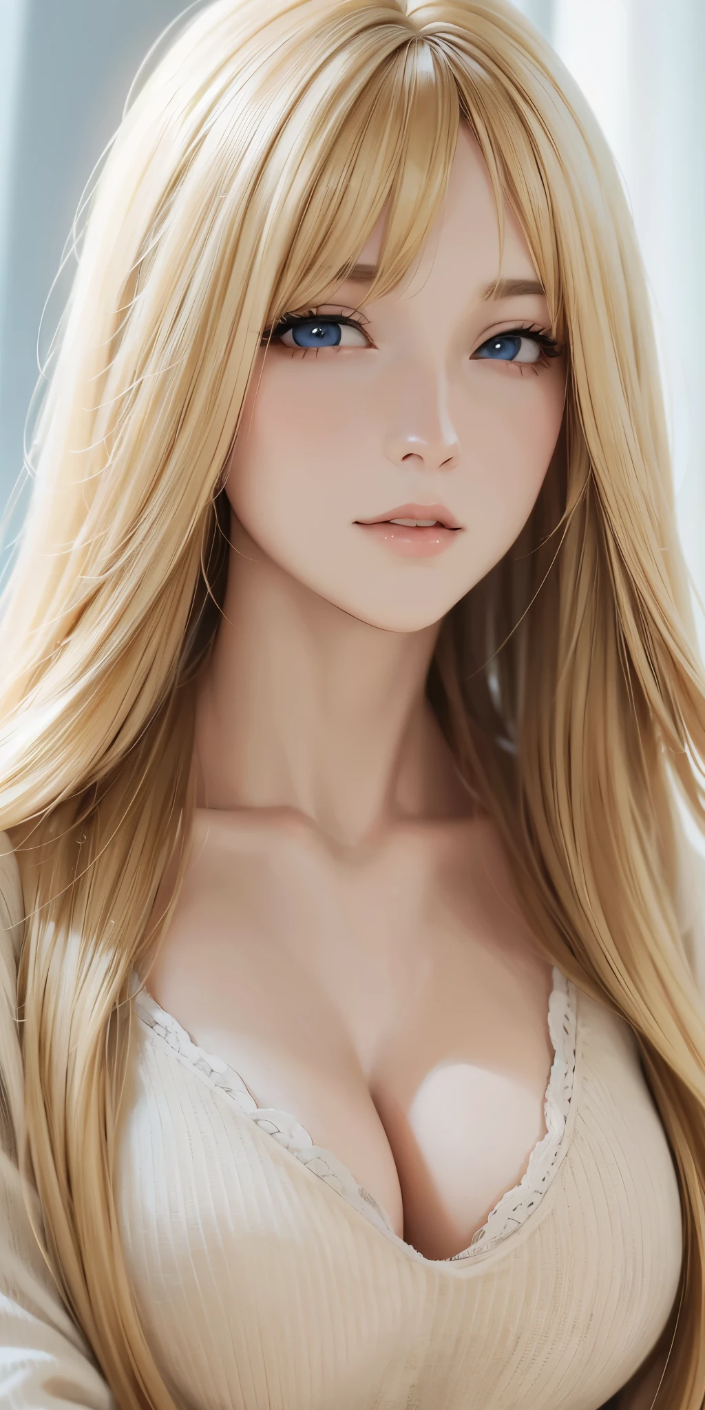Portrait, Upper body, elegant adult woman, long neck, blonde hair, long hair, bangs, casual clothes, cleavage, 4k resolution, high quality, soft light, looking at viewer