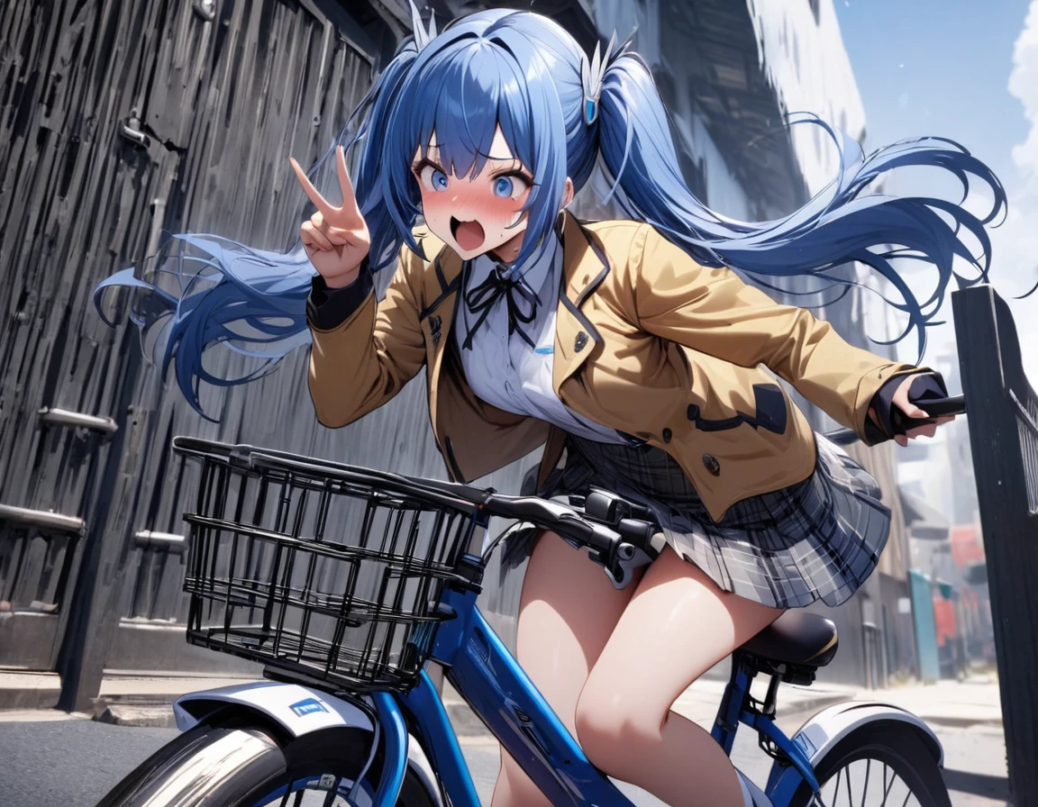 High quality, high definition, hig
h precision images,8k 1 Girl Robot Girl、Blue hair,Twin tails,blue eyes、school gate,Blue and white robot-like barrette,White and gold jacket, gray checked skirt 、,
Riding a blue bicycle and panicking,Her skirt is fluttering and her panties are visible.V sign to the camera

