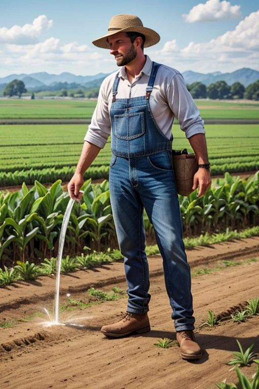 A farmer at his farm in which crops needs water like a comic book