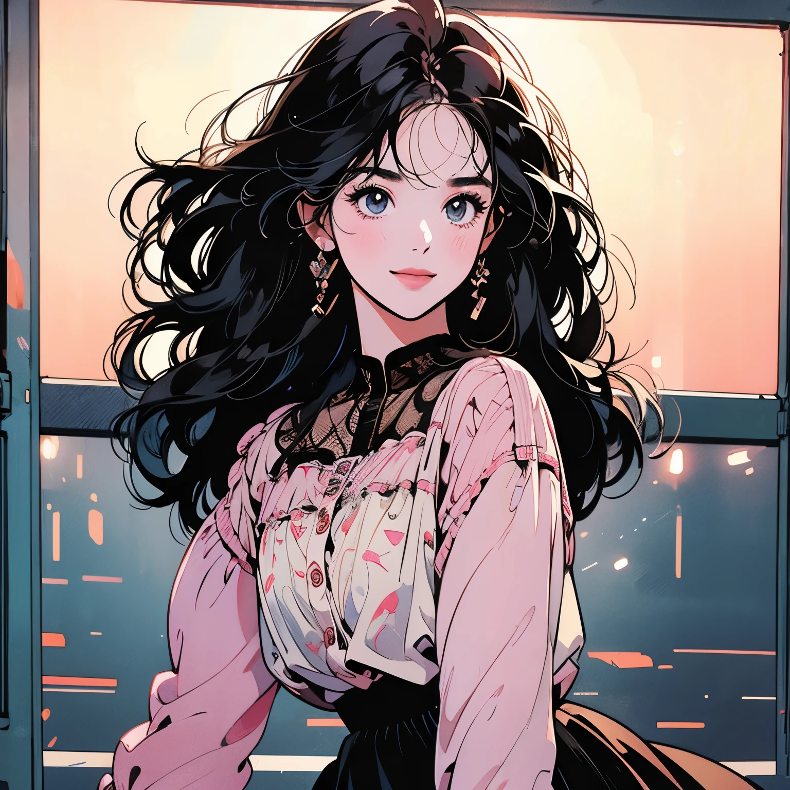 whole body、Kind Face、1 pretty woman、4k、Pattern、blouse、skirt、pedestrian crossing、Signal 、intersection、Complex background、Detailed Hair、smile、Transparent black hair、Faint lighting、There is movement
