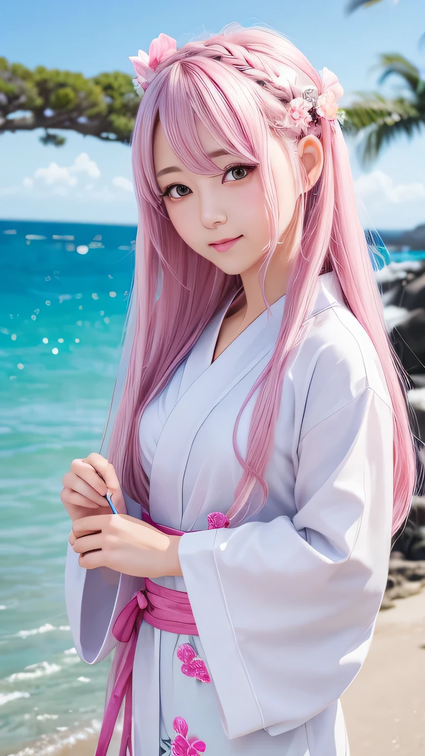 highest quality、Realistic、female、Japanese、zoom、cute、Gray Eyes、Pink Hair、long hair、White yukata、Ocean、blue sky、