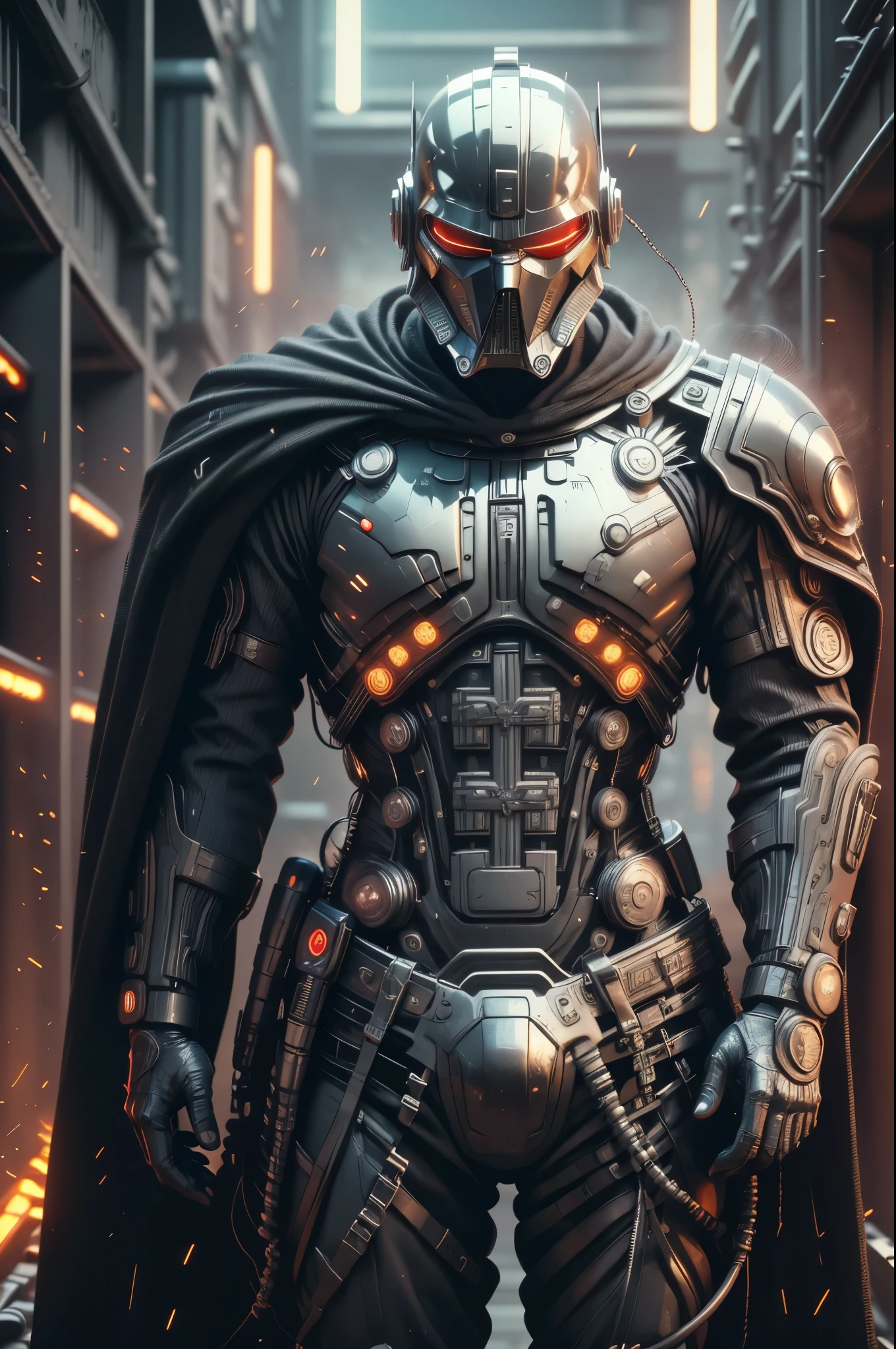 SH4G0D style cyberpunk-nazi, Darth-Nazi, broad shoulders black cloak (lights and switches on cheats) ((Black Chrome)) Nazi-Symbol 卐卍
