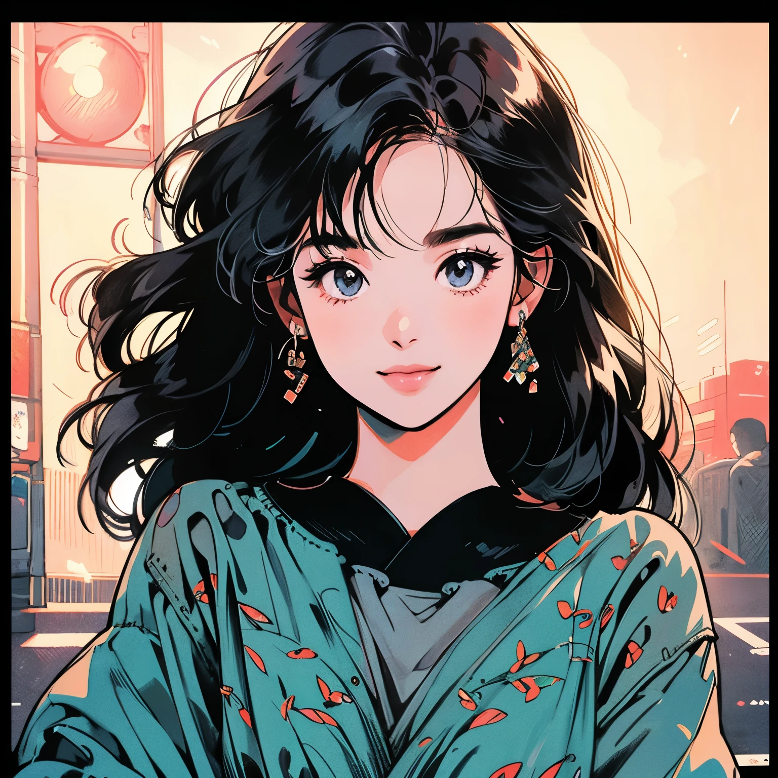 whole body、Kind Face、1 pretty woman、4k、Patterned dress、pedestrian crossing、Signal 、intersection、Complex background、Detailed Hair、smile、Transparent black hair、Faint lighting、There is movement