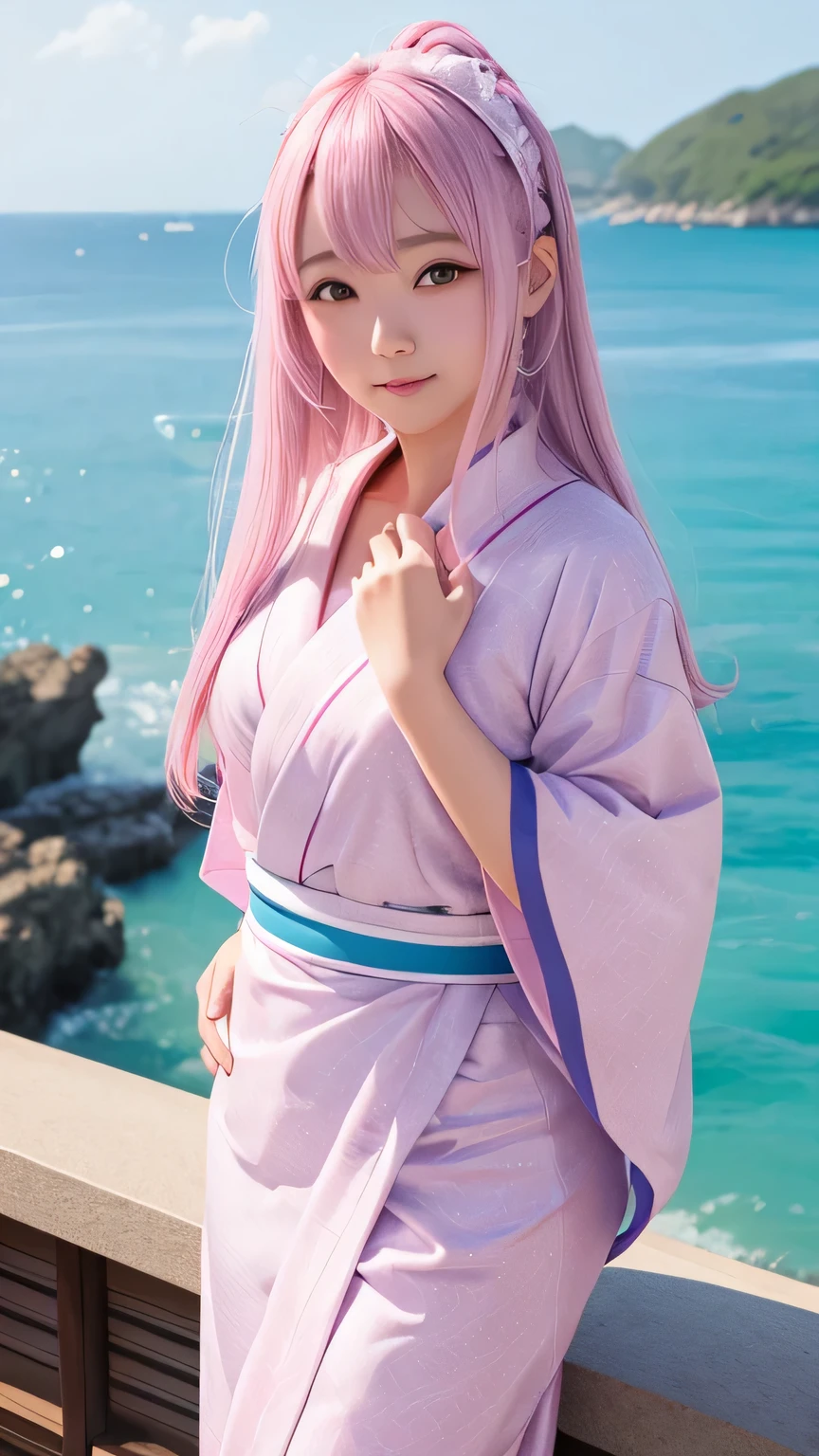 highest quality、Realistic、female、Japanese、zoom、cute、Gray Eyes、Pink Hair、long hair、White yukata、Ocean、blue sky、