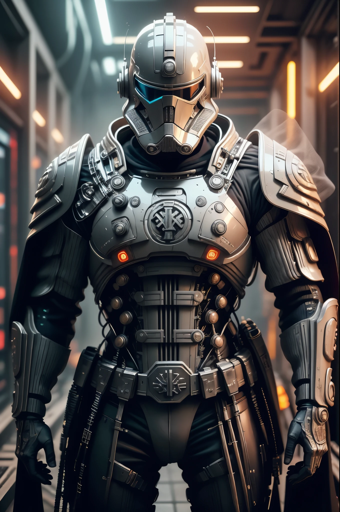 SH4G0D style cyberpunk-nazi, Stormtrooper-Nazi, broad shoulders black cloak (lights and switches on cheats) ((White Plate-Armor)) Nazi-Symbol 卐卍