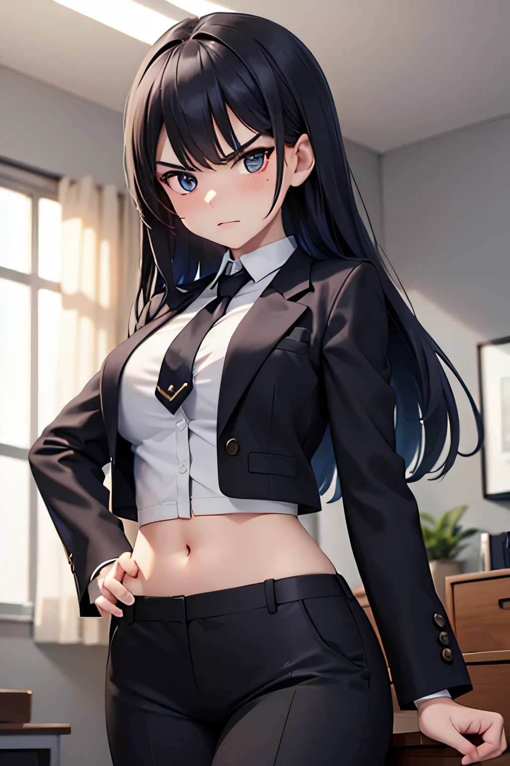 super fine illustration, vibrant colors, masterpiece, sharp focus, best quality, depth of field, cinematic lighting, ultra detailed, sleeves, cropped business blazers, black slacks, office lady, navel, bare midriff, hips, 1 woman, home, solo, milf, slender, blush, angry, room, indoors, mature female, tall woman, looking down, v-shaped eyebrows,  medium breasts,