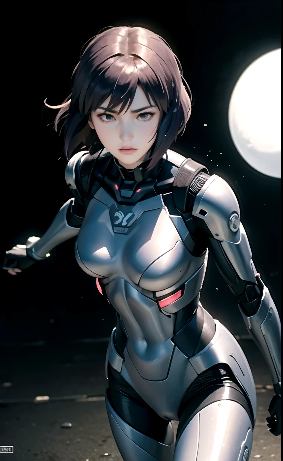 Motoko Kusanagi (Motoko Kusanagi), battle pose, dynamic movement, captain of the Ghost in the Shell, female cyborg whose entire body is prosthetic except for part of the brain and spinal cord, in addition to a calm and collected personality, good judgment, Demonstrates outstanding talent in leadership and physical ability (prosthetic body control ability and combat ability), uses a female type prosthetic body, has an extremely high quality prosthetic body, has a rational personality but has no clear basis. A late-night Zaiber city with intuition, a masterpiece.