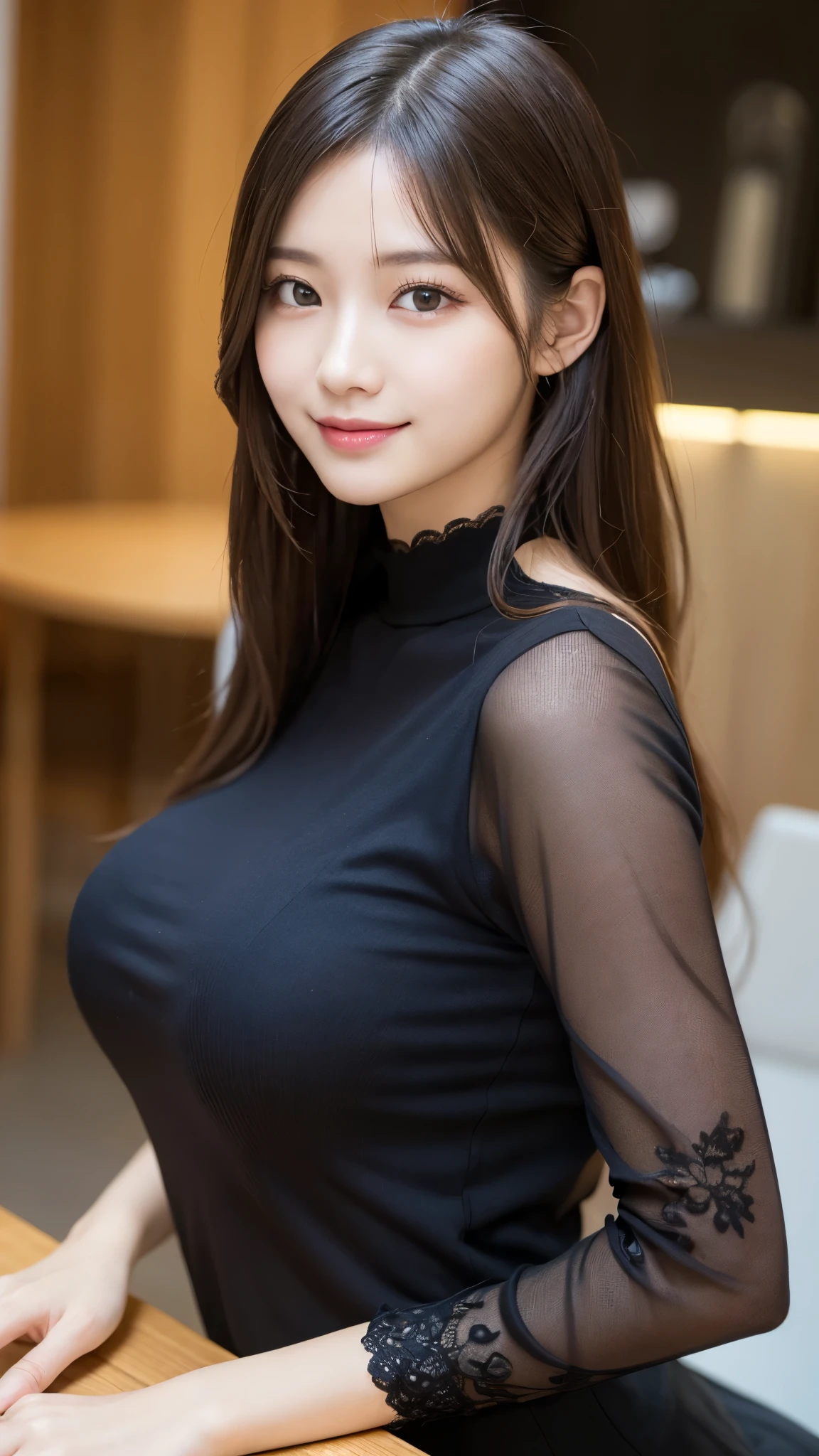 On the table、best quality、Photorealism、Finely、high resolution、８wallpaper、Perfect dynamic posture、Beautiful slender eyes and long hair、（Big plump breasts 1.3）、casual sexy pose、Random situations、Selfie Angle，Close Range，Looking at the camera，（Tight round neck black mesh lace shirt）、、Gentle smile、50 years old、（Perfect Eyes 1.3）、Mature adult beauties、Japanese、