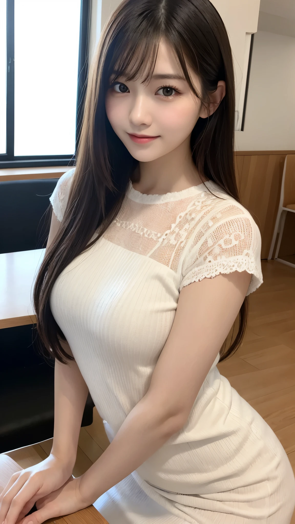 On the table、best quality、Photorealism、Finely、high resolution、8wallpaper、Perfect dynamic posture、Beautiful slender eyes and long hair、(Big plump breasts 1.3)、casual sexy pose、Random situations、Selfie Angle,Close Range,Looking at the camera,(Tight round neck black mesh lace shirt)、、Gentle smile、50 years old、(Perfect Eyes 1.3)、Mature adult beauties、Japanese、