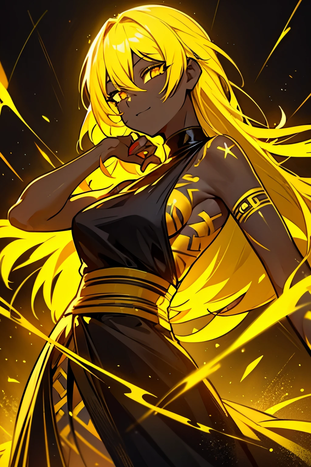 black skin, anime woman, happy, glowing yellow eyes, glowing yellow tattoos, glowing yellow messy yellow hair, wearing a black dress