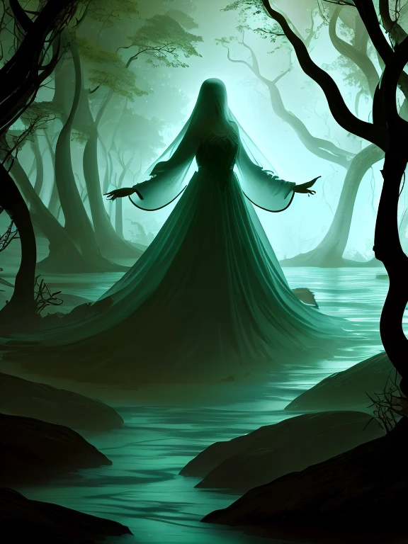 Ghostly woman dressed in scary white floating on a river in a forest at night