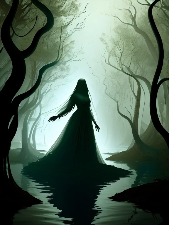 Ghostly woman dressed in scary white floating on a river in a forest at night