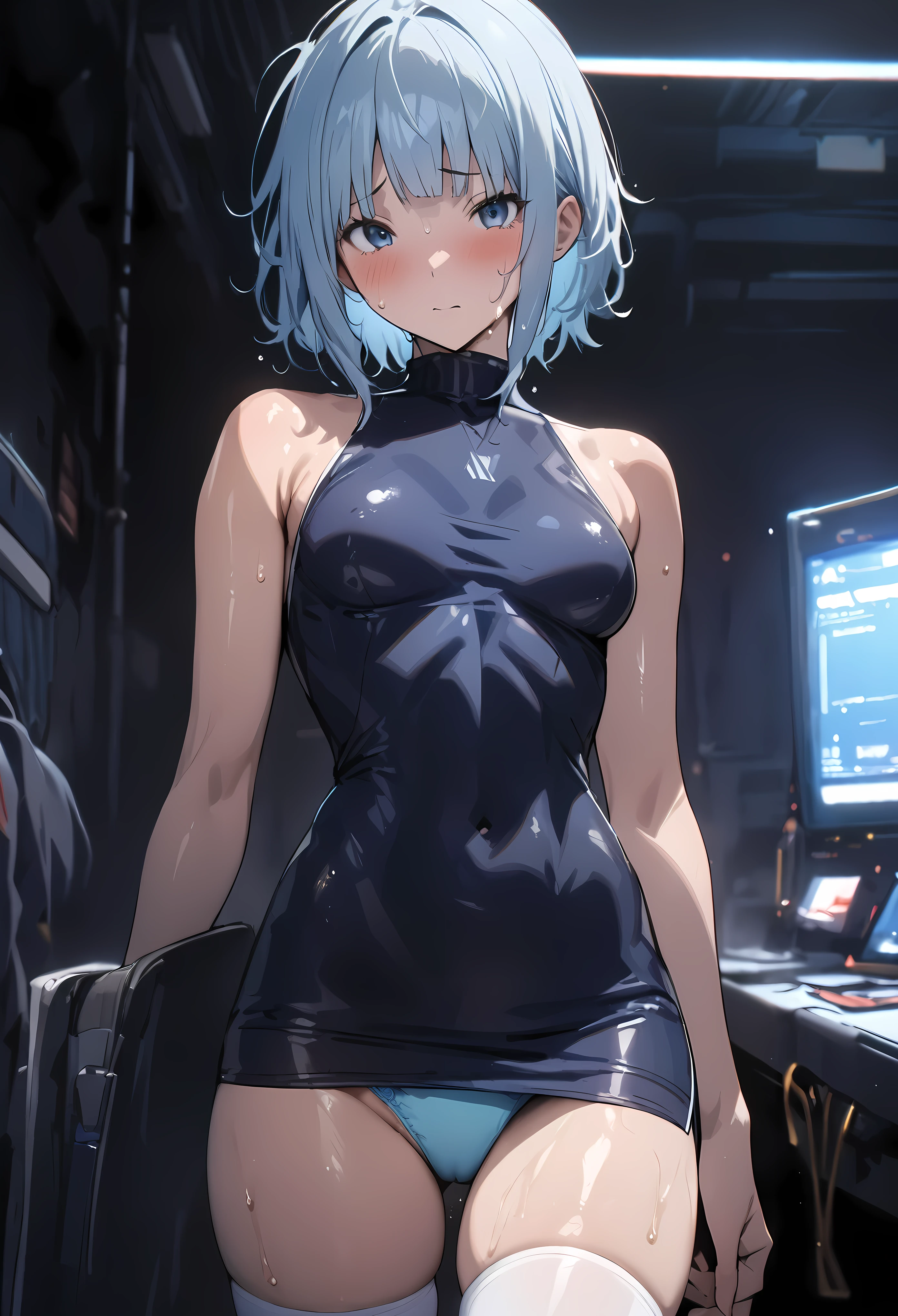 ((masterpiece, highest quality:1.2)),cowboy shot,1woman,20 year old beauty,solo,((very small head:1.2)),short hair,messy hair,light blue hair,blue eyes,blunt,((very long and slender body)),toned body,skinny,medium breasts,shiny skin,oily skin,sweat,shy,Navy blue sleeveless mini dress skirt,turtleneck、Light blue panties、white_thighhighs,Big cities、Cyberpunk World、