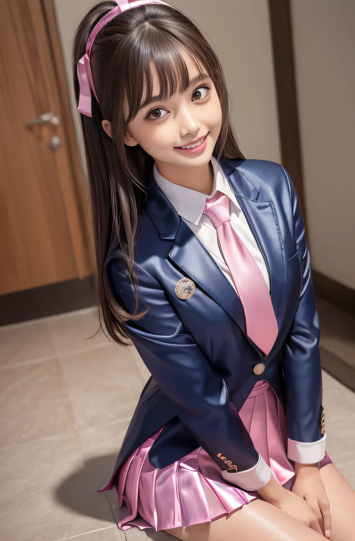 Angelic Very pretty cute young girl, 
very beautiful girl,
(V-line jaw),
Beautiful detailed brown eyes, 
small straight nose,
Detailed double eyelids, 
(Large eyes:1.3), 
Long straight brown hair, 
see-through bangs, 
beautiful detailed face and eyes, 
smiling, 
BREAK   
(super shiny metallic dark blue  blazer:1.3),metallic pearl white school blouse,(shiny metallic bright red neck ribbon tie:1.2),(super shiny metallic pink pleated skirt :1.5),(school uniform with super reflective surfaces:1.5),

(Very beautiful cute girl:1.2), 
Very pretty cute young girl, 
V-line jaw,
Beautiful detailed eyes, 
very beautiful girl,
Detailed double eyelids, 
(Large eyes:1.3), 
Long straight brown hair, 
see-through bangs, 
beautiful detailed face and eyes, 
smiling, 
break  
(Very beautiful cute girl, Beautiful detailed eyes, Detailed double eyelids:1.3), 
(Soft Saturation: 1.3), 
(Fair skin: 1.4), 
(Large eyes:1.4), 
break  
Very beautiful cute girl, 
Sharp Focus, 
brown hair, 
Very beautiful cute girl, 
Raw photo, 
High resolution, 
perfect detail, 
Professional Photography, Professional Lighting, 
strong lighting,
break 
(smile:1.6)