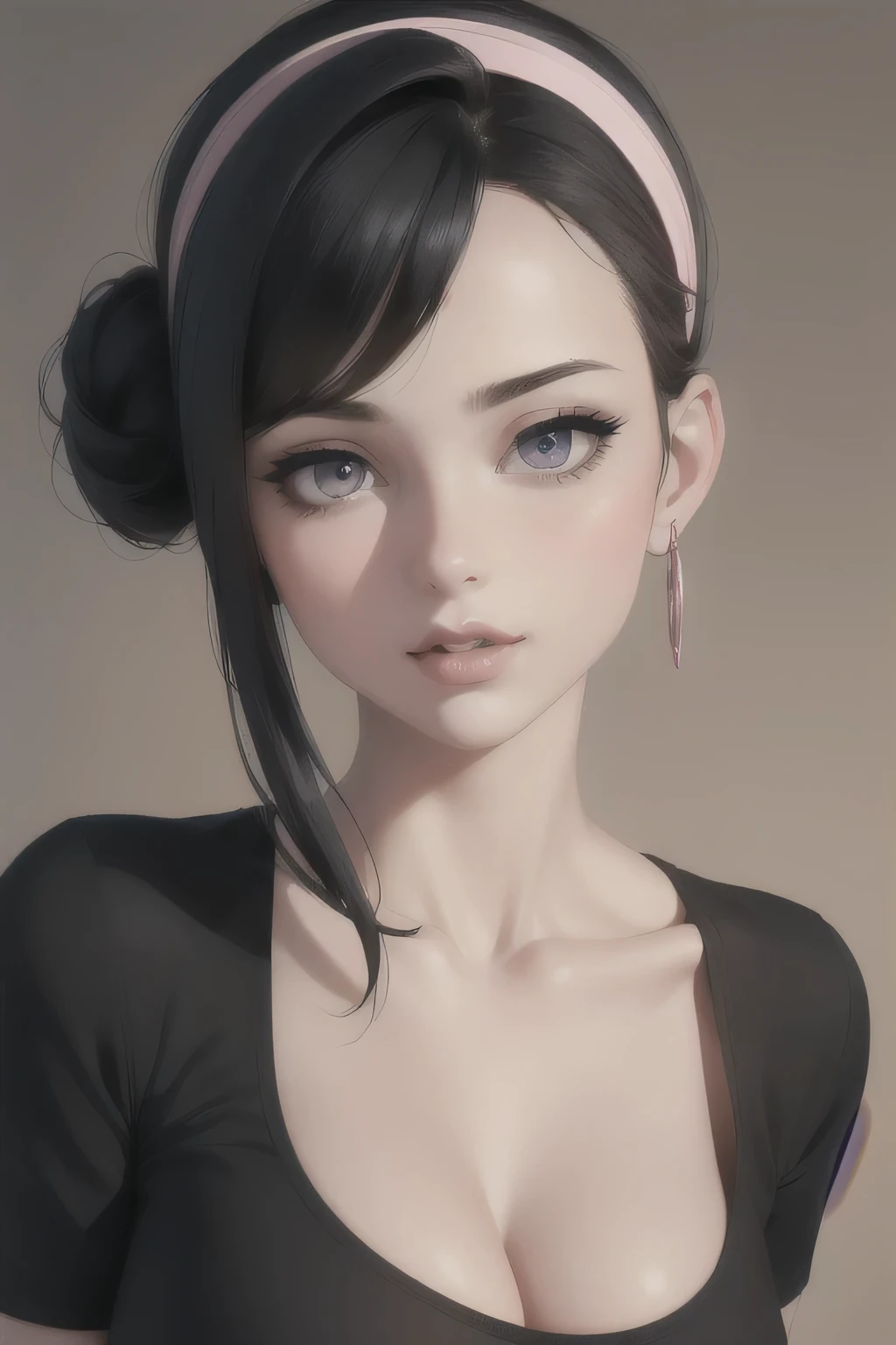 (best quality,4k,8k,highres,masterpiece:1.2), ultra-detailed, realistic:1.37, beautiful detailed eyes, beautiful detailed lips, extremely detailed eyes and face, long eyelashes, seductive gaze, pale skin turning pink, smile on her lips, messy bun hair tied in a black hairband, sexy woman with an alluring look, wearing alluring earrings, black v-neck t-shirt emphasizing her neck, captivating demeanor, enchanting expression, tempting charm, captivating beauty, elegance, seductive pose, beguiling presence.