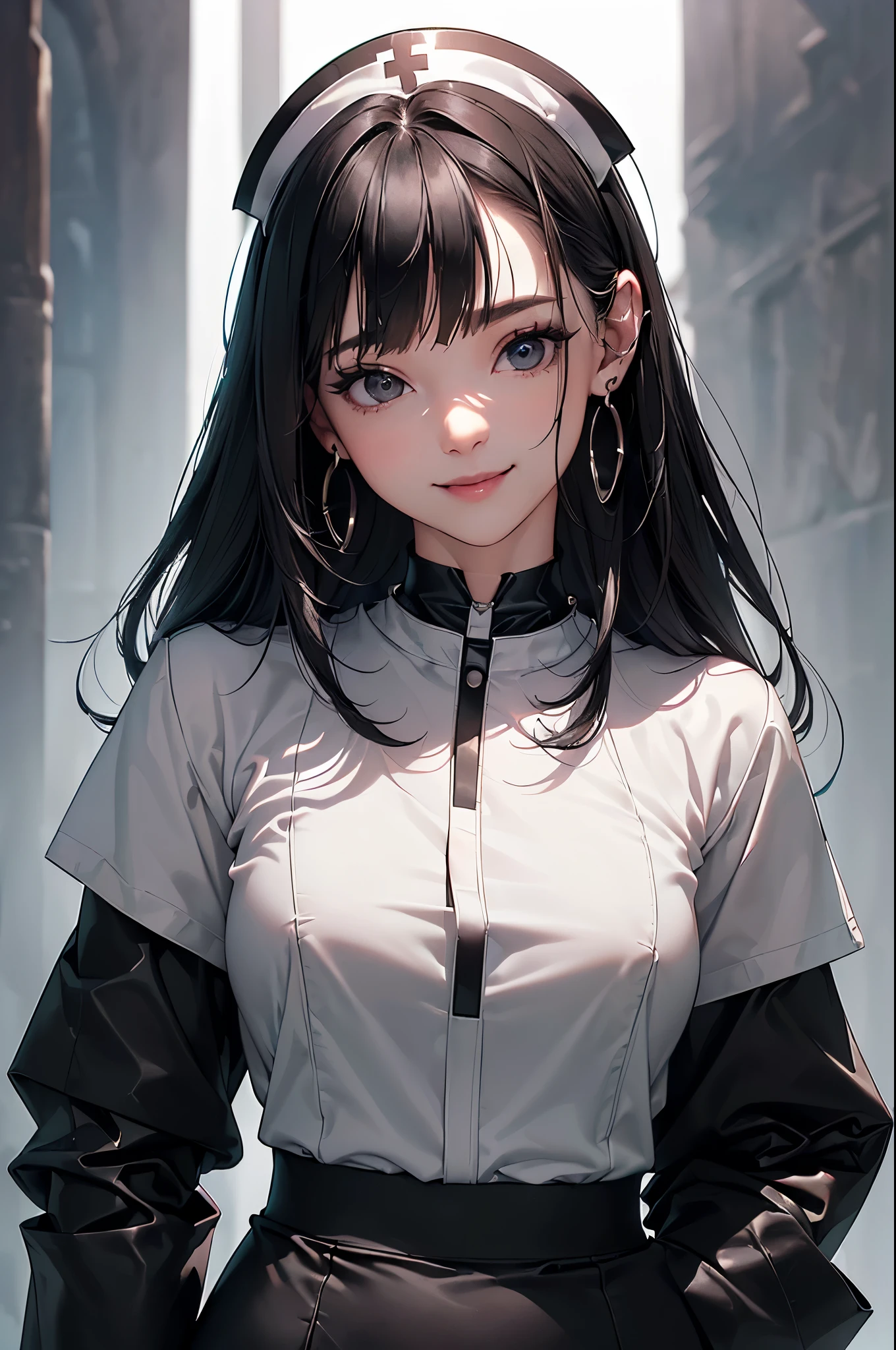 ((Biologically correct limb count))、((Full Body Shot, Full-body photo including face、Head to toe photos))、4K、masterpiece、((Focus on the face))、((Symmetrical facial features))、Eyes of meticulous depiction、Beautiful woman、Excellent style、Beautiful feet、(Black Stockings、High heels with anklets)、Detailed depiction of the face、Small earrings、necklace、((Close-up photo of the upper body))、(black latex shirt、Latex skirt、Nurse uniform)、Scenery of the old castle、(Low - Angle)、(smile)、((Thick morning fog all around)、I can't see anything around me)、