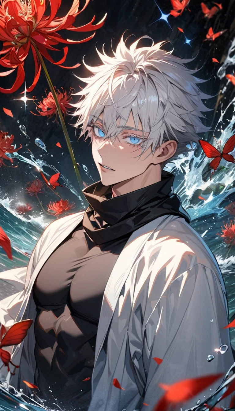 (absurdres, highres, ultra detailed, HDR) master piece, best quality, delicate features, Gojo Satoru, white hair, with bangs, hair between the eyes, expressive blue eyes, white eyelashes, Jujutsu Kaisen, solo, sexy man, handsome, toned chest, white haori, black tight shirt, black scarf, patterns, red spider lilies, red butterflies, magical fantasy, water, glittering, sparkling