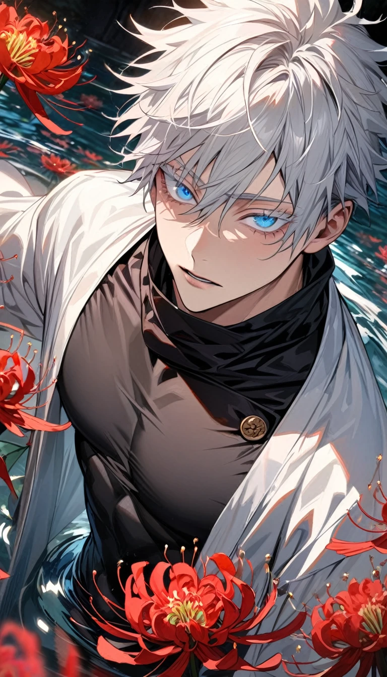 (absurdres, highres, ultra detailed, HDR) master piece, best quality, delicate features, Gojo Satoru, white hair, with bangs, hair between the eyes, expressive blue eyes, white eyelashes, Jujutsu Kaisen, solo, sexy man, handsome, toned chest, white haori, black tight shirt, black scarf, patterns, red spider lilies, red butterflies, magical fantasy, water, glittering, sparkling