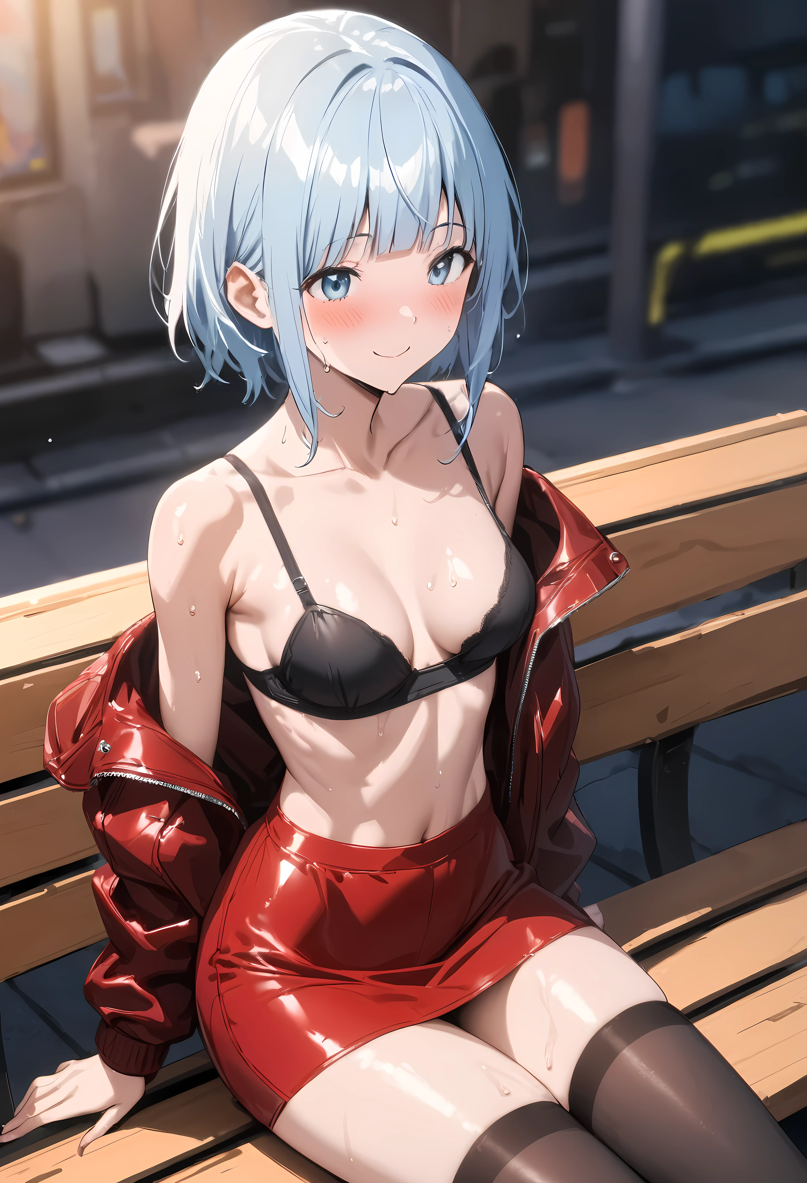 Action Sceneasterpiece, highest quality:1.2)),cowboy shot,1woman,20 year old beauty,solo,((very small head)),short hair,messy hair,light blue hair,blue eyes,blunt,((very long and slender body)),toned body,skinny,medium breasts,shiny skin,oily skin sweat,,blush,smile,Red leather jacket removed、 Red tight mini skirt、black tube top bra、black_thighhighs,Wipe away sweat、sitting,bench,Big cities、Cyberpunk World、