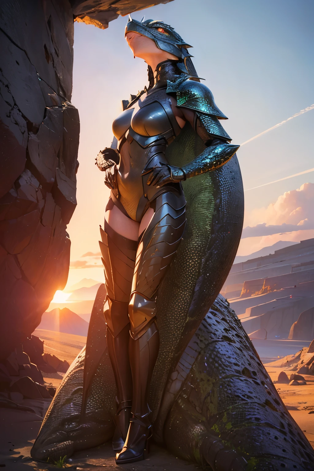 A powerful anime girl, detailed lizard scale armor, small and sensual armor, long boots scaled like a lizard, volcanic landscape, wild, embarrassed expression, (best quality,4k,8k,highres,masterpiece:1.2),ultra-detailed,(realistic,photorealistic,photo-realistic:1.37),extremely detailed eyes and face,longeyelashes,highly detailed